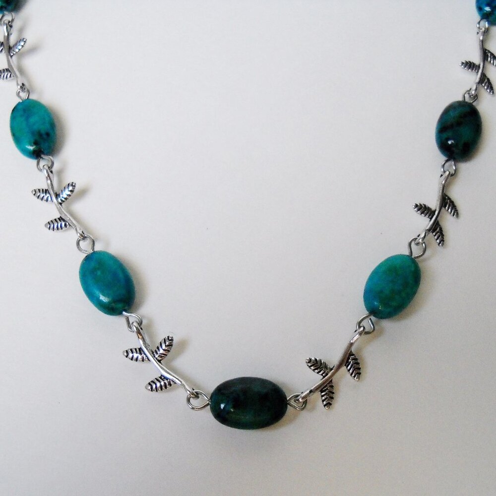 Teal Blue Aqua Necklace Stone Leaf Branch Beaded Handcrafted Silvertone New Gift